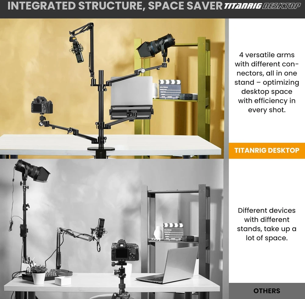 TARION 4-in-1 stalo laikiklis su mikrofono ir monitoriaus mechaniniais lankstais TitanRig-Desk