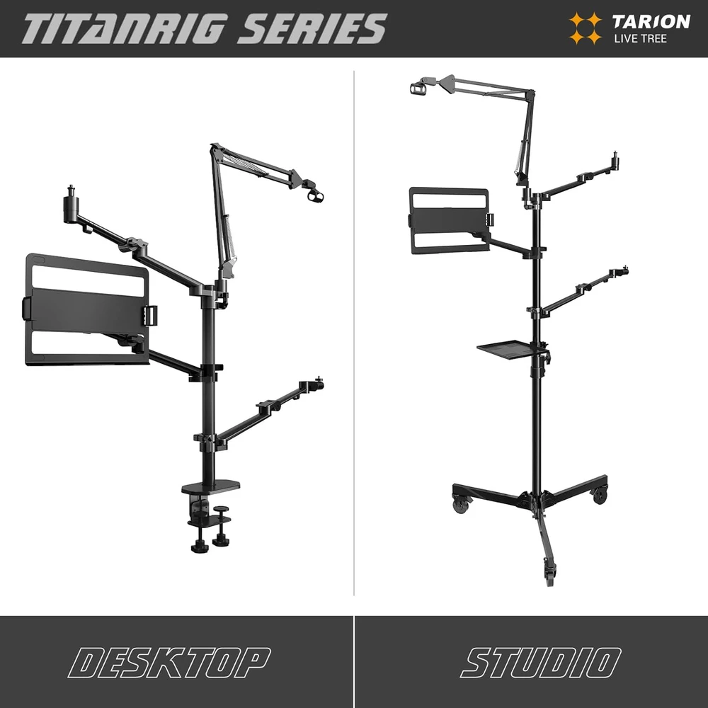 TARION 4-in-1 stalo laikiklis su mikrofono ir monitoriaus mechaniniais lankstais TitanRig-Desk