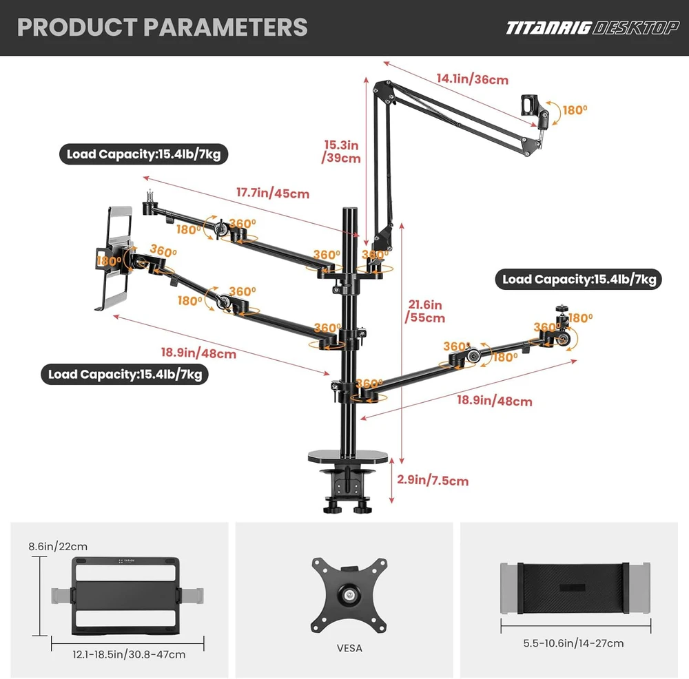 TARION 4-in-1 stalo laikiklis su mikrofono ir monitoriaus mechaniniais lankstais TitanRig-Desk