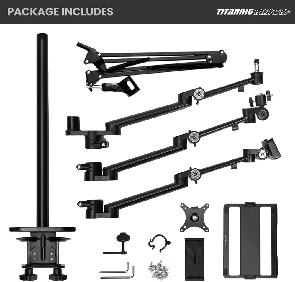 TARION 4-in-1 stalo laikiklis su mikrofono ir monitoriaus mechaniniais lankstais TitanRig-Desk