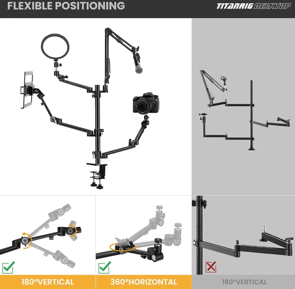 TARION 4-in-1 stalo laikiklis su mikrofono ir monitoriaus mechaniniais lankstais TitanRig-Desk