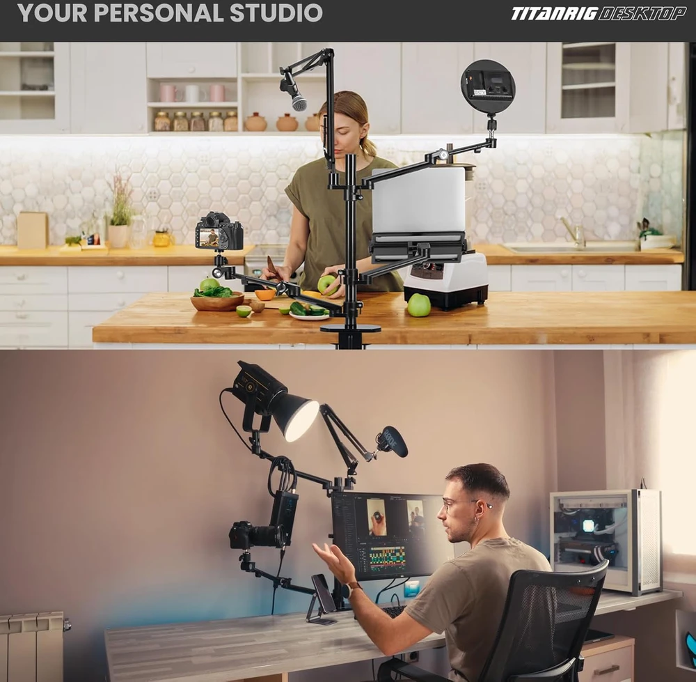 TARION 4-in-1 stalo laikiklis su mikrofono ir monitoriaus mechaniniais lankstais TitanRig-Desk