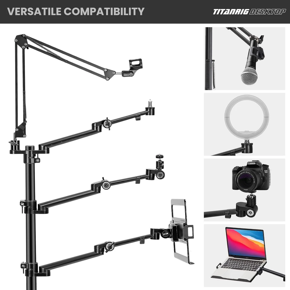 TARION 4-in-1 stalo laikiklis su mikrofono ir monitoriaus mechaniniais lankstais TitanRig-Desk