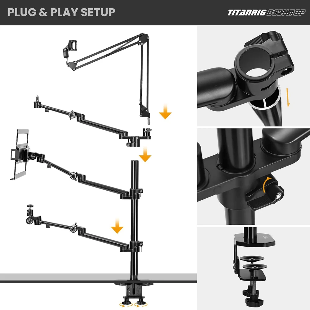 TARION 4-in-1 stalo laikiklis su mikrofono ir monitoriaus mechaniniais lankstais TitanRig-Desk