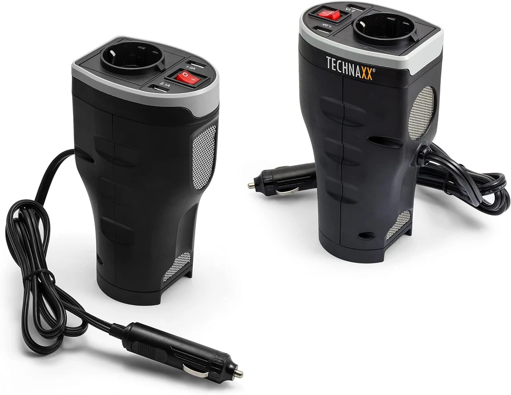 Technaxx TE13 automobilio maitinimo keitiklis, 2 USB prievadai ir 1 CEE 7/4 išvestis, DC 12V, AC 230V 50hz, Juodas / TE13