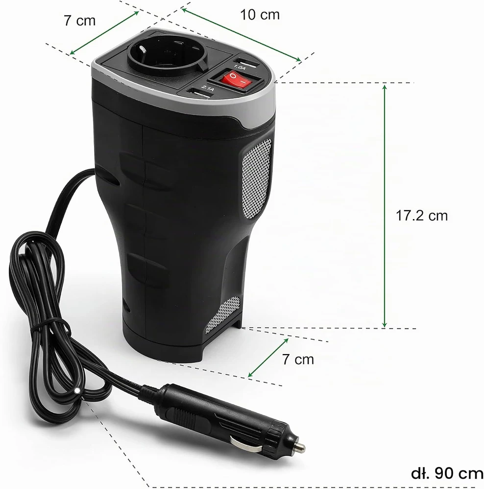 Technaxx TE13 automobilio maitinimo keitiklis, 2 USB prievadai ir 1 CEE 7/4 išvestis, DC 12V, AC 230V 50hz, Juodas / TE13