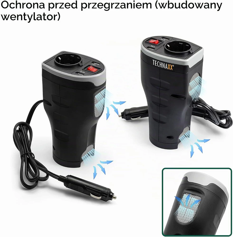 Technaxx TE13 automobilio maitinimo keitiklis, 2 USB prievadai ir 1 CEE 7/4 išvestis, DC 12V, AC 230V 50hz, Juodas / TE13