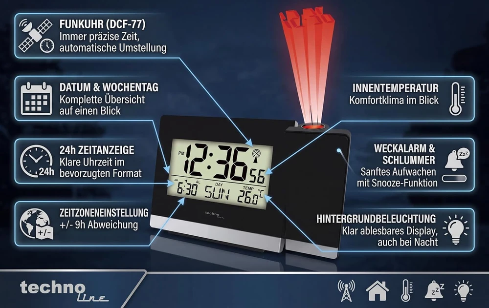 Technoline Techno line projekcinis radijo bangomis valdomas žadintuvas su temperatūros rodymu, WT536