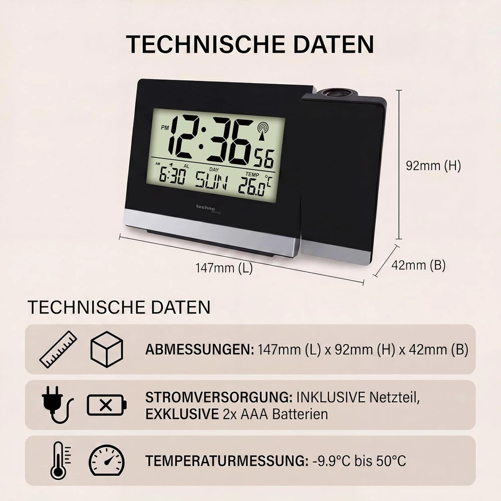 Technoline Techno line projekcinis radijo bangomis valdomas žadintuvas su temperatūros rodymu, WT536