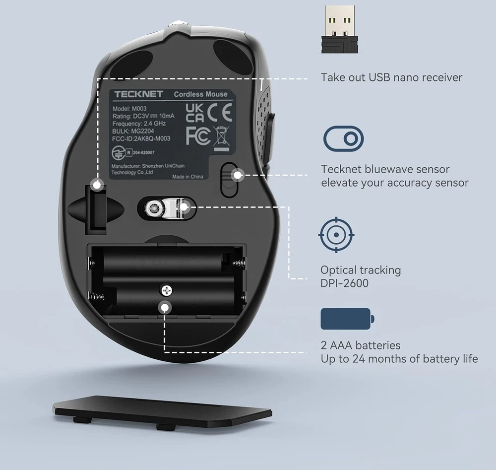 TECKNET belaidė optinė pelė su USB imtuvu, 6 mygtukais, 2600 DPI, M003