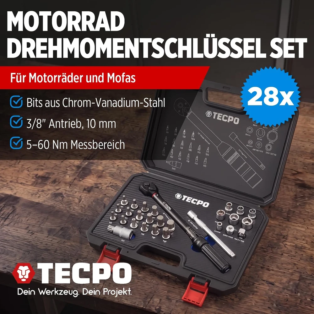 TECPO dinamometrinių raktų rinkinys motociklams, 3/8 col., 5–60 Nm, 300359