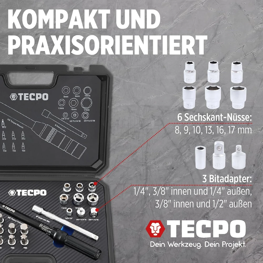 TECPO dinamometrinių raktų rinkinys motociklams, 3/8 col., 5–60 Nm, 300359