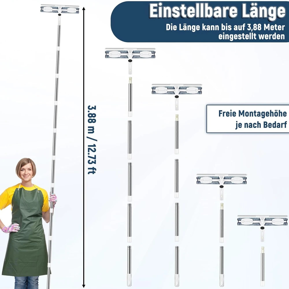 Teleskopinė langų valymo šluostė su nerūdijančio plieno kotu, 388 cm ilgio, mikropluošto 39 cm padas