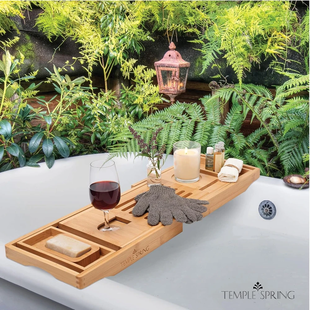 Temple Spring ištraukiama bambukinė vonios lentyna 70–105 cm su laikikliais 73