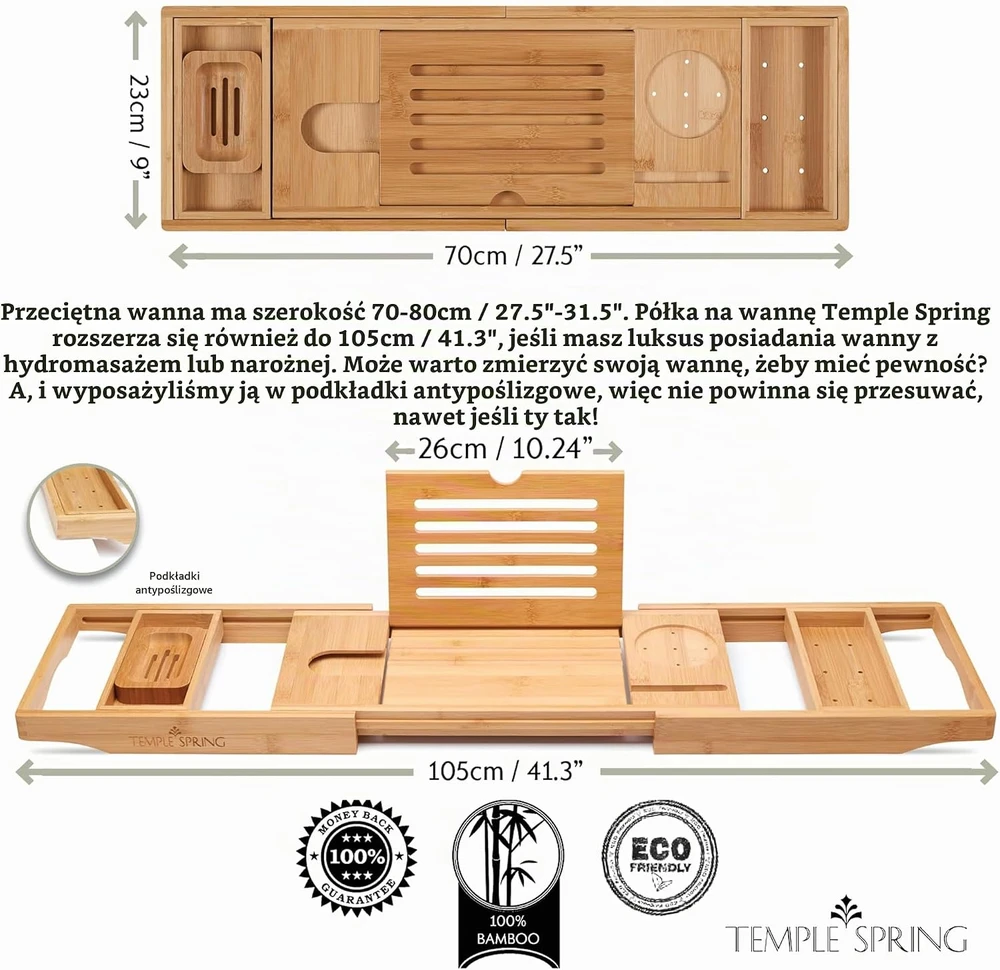 Temple Spring ištraukiama bambukinė vonios lentyna 70–105 cm su laikikliais 73