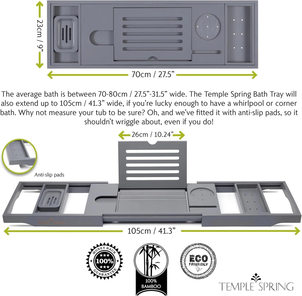 Temple Spring reguliuojama bambukinė vonios lentyna 70–105 cm su laikikliais, modelis 73