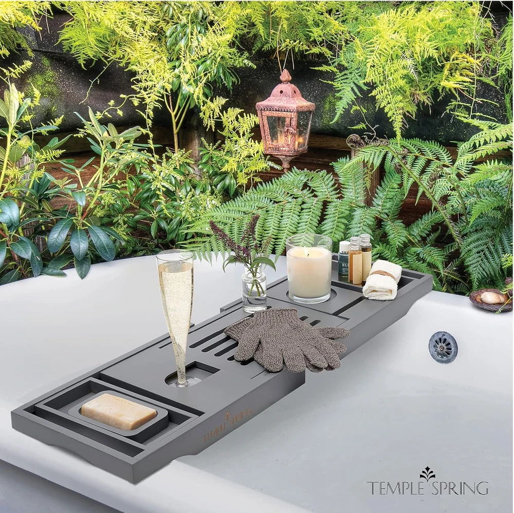 Temple Spring reguliuojama bambukinė vonios lentyna 70–105 cm su laikikliais, modelis 73