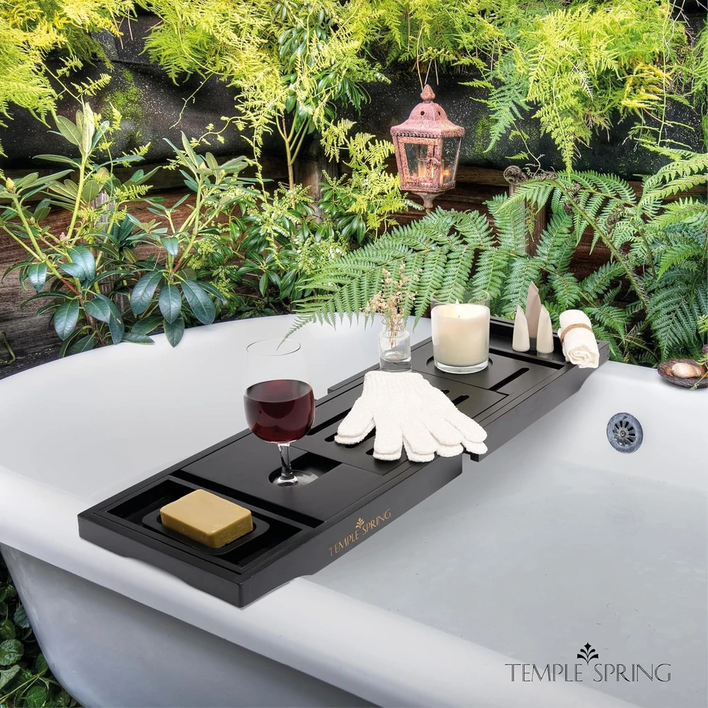 Temple Spring reguliuojama bambukinė vonios lentynėlė 70–105 cm su planšetės laikikliu BC1