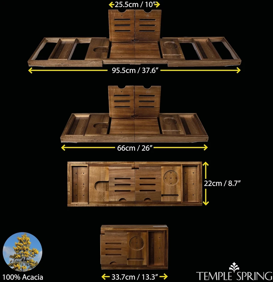 Temple Spring reguliuojama sulankstoma medinė vonios lentyna ACACIA FOLDING