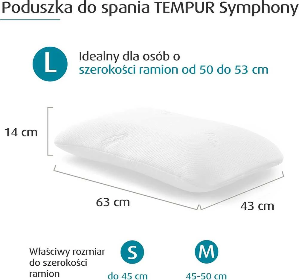 Tempur ergonominė pagalvė Symphony, atminties putų, balta, L dydis (63 × 43 × 14 cm)