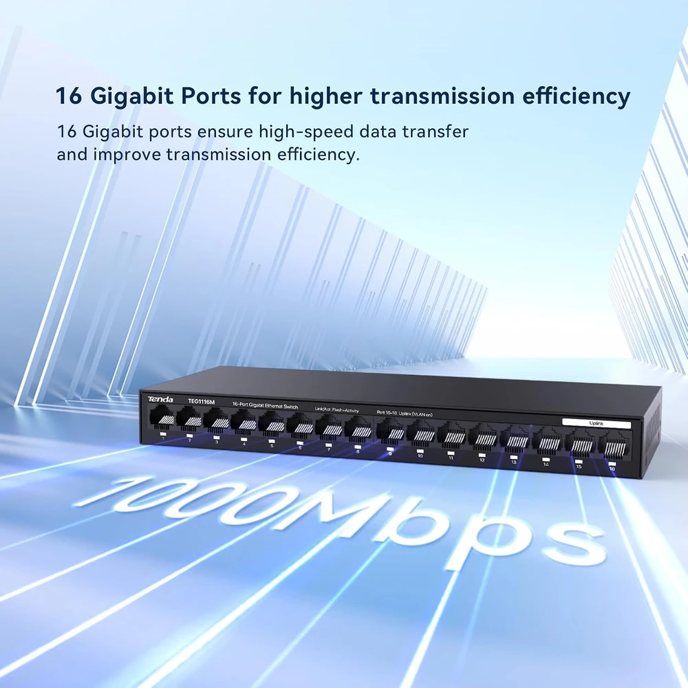 Šakotuvas Tenda 16 prievadų Gigabit Ethernet nevaldomas tinklo komutatorius su VLAN TEG1116M