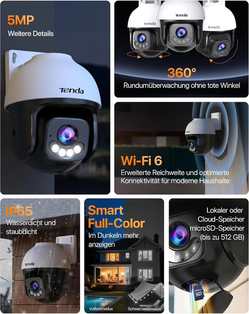 Tenda lauko IP kamera 5 MP 3K su Wi-Fi 6, PTZ ir naktiniu matymu 30 m CH7 V2.0