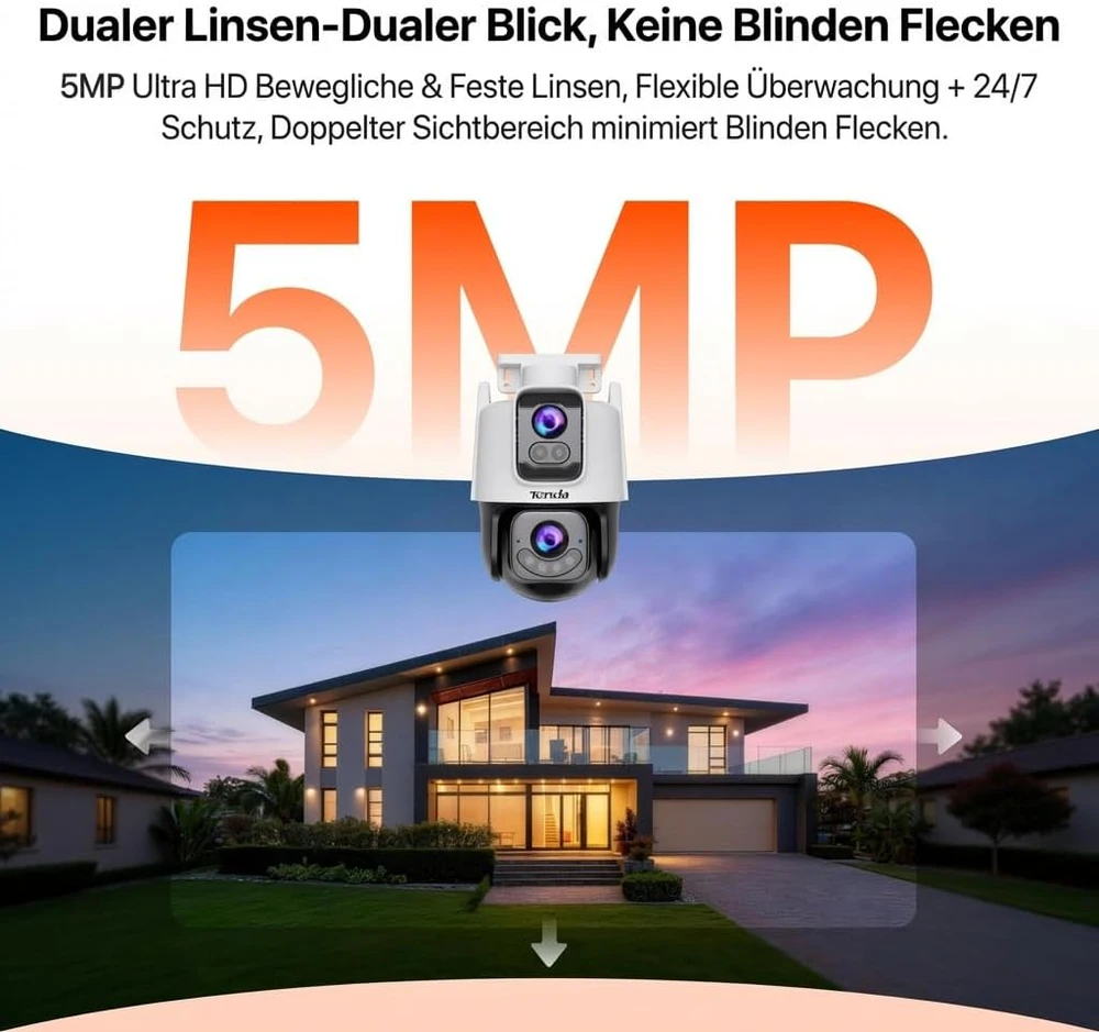 Tenda lauko stebėjimo kamera su dviem 5 MP objektyvais, Wi-Fi, PTZ, IP65, CH10