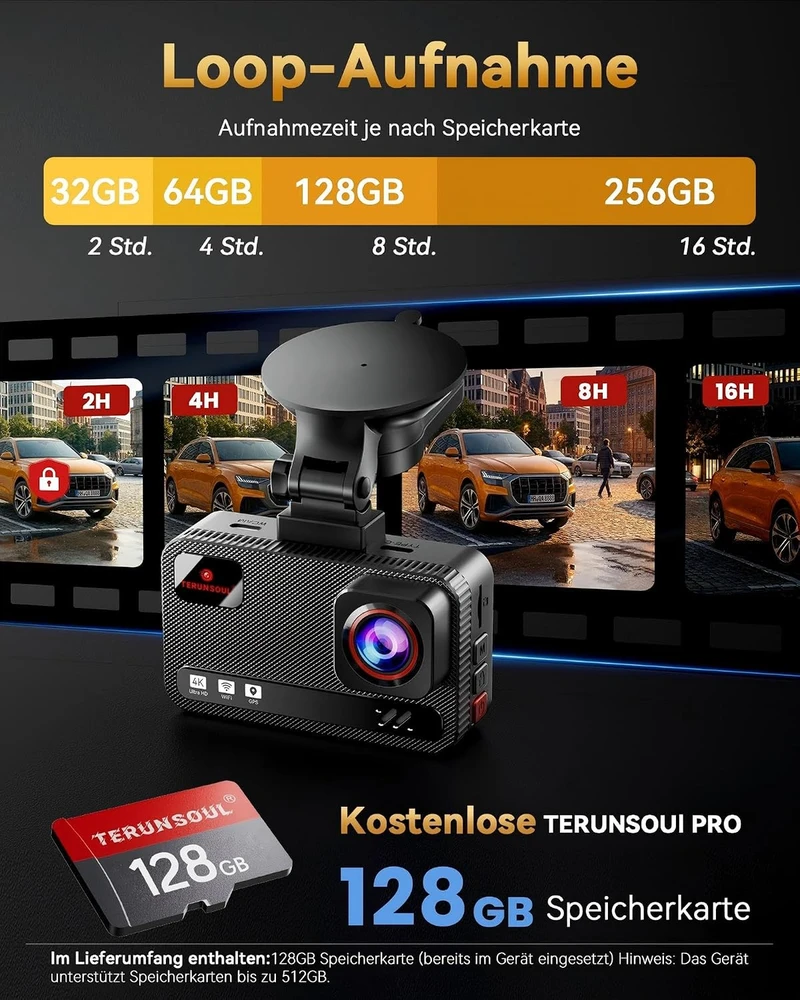 TERUNSOUl automobilinis vaizdo registratorius 4K priekiui ir galui, Wi-Fi, GPS, D016
