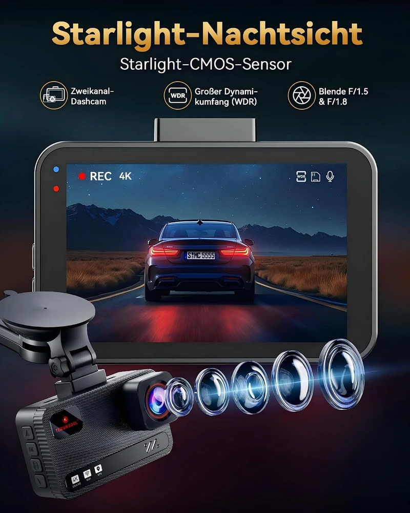 TERUNSOUl automobilinis vaizdo registratorius 4K priekiui ir galui, Wi-Fi, GPS, D016