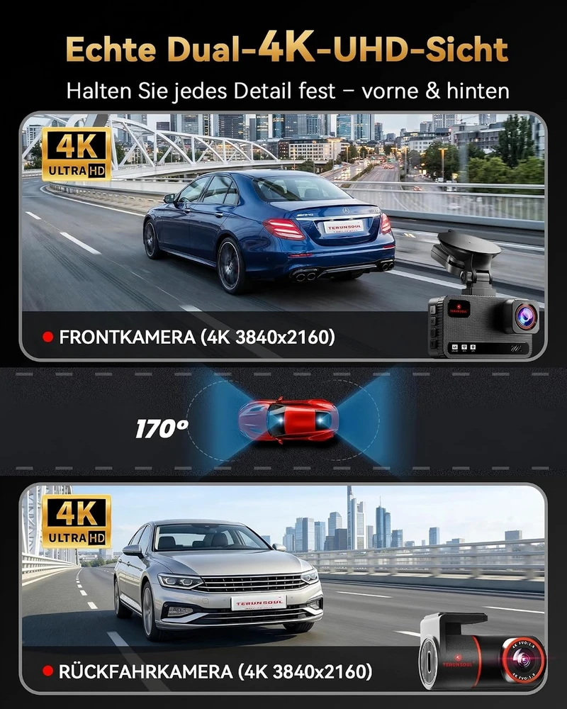 TERUNSOUl automobilinis vaizdo registratorius 4K priekiui ir galui, Wi-Fi, GPS, D016