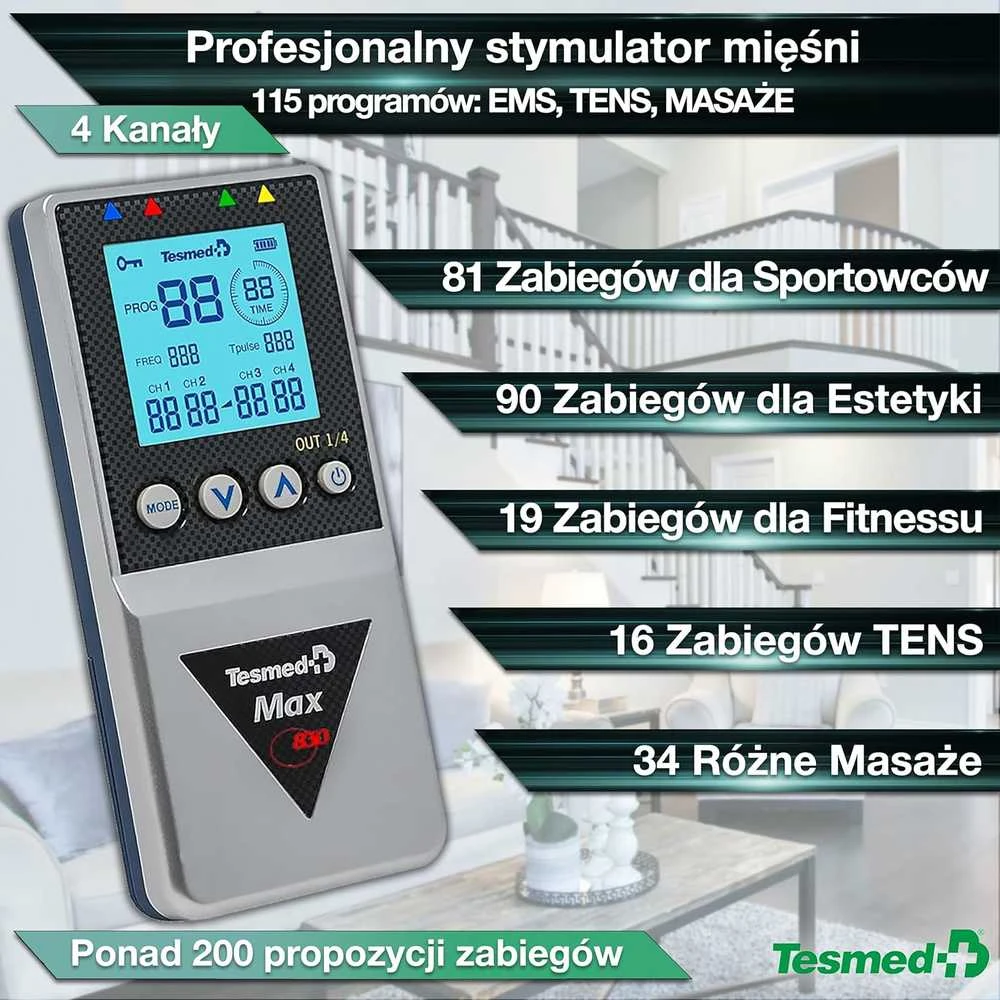 Tesmed MAX 830 keturkanalis TENS elektrostimuliatorius su 20 elektrodų komplektu
