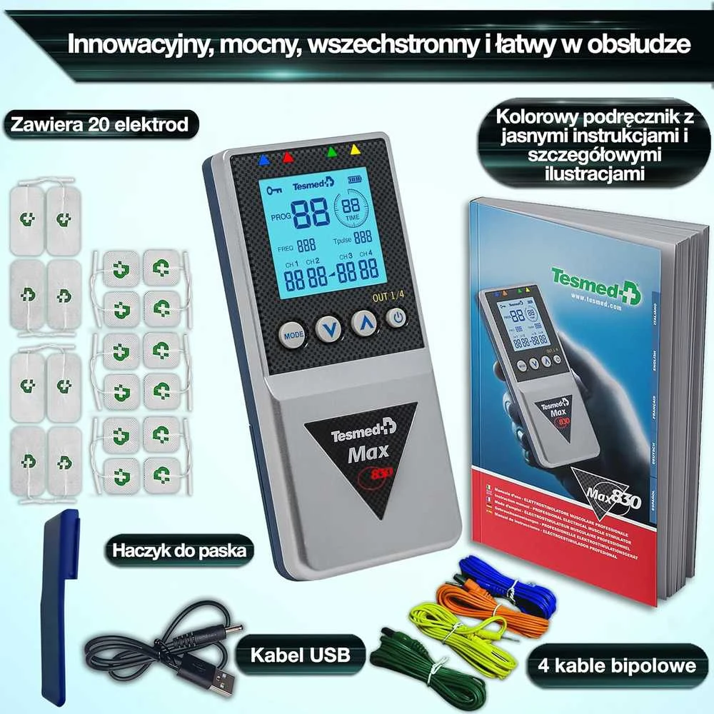 Tesmed MAX 830 keturkanalis TENS elektrostimuliatorius su 20 elektrodų komplektu