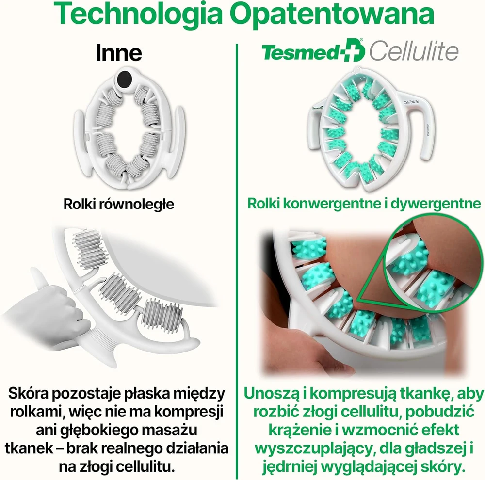TESMED rankinis anticeliulitinis masažuoklis su patentuota volelių technologija, žalias
