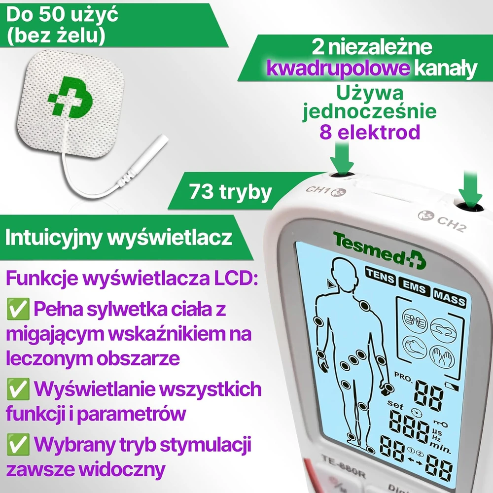 Tesmed raumenų elektrostimuliatorius, 73 programos, EMS ir TENS, su 8 elektrodais, TE-880R Plus