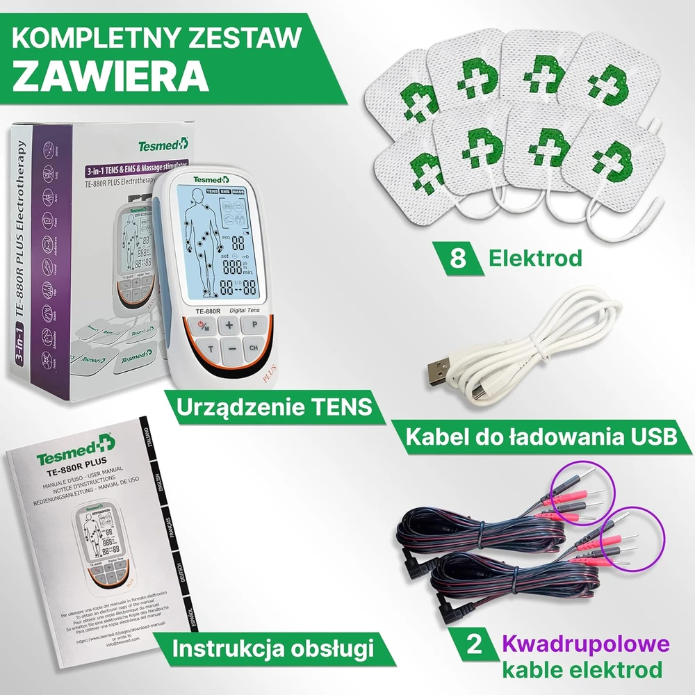 Tesmed raumenų elektrostimuliatorius, 73 programos, EMS ir TENS, su 8 elektrodais, TE-880R Plus