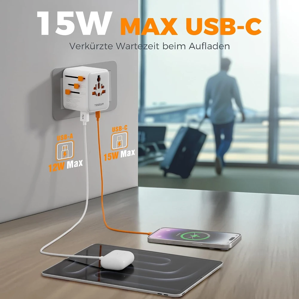 TESSAN universalus kelioninis kištukų adapteris su 2 USB-A ir 2 USB-C jungtimis, 2500 W TS-WTA10