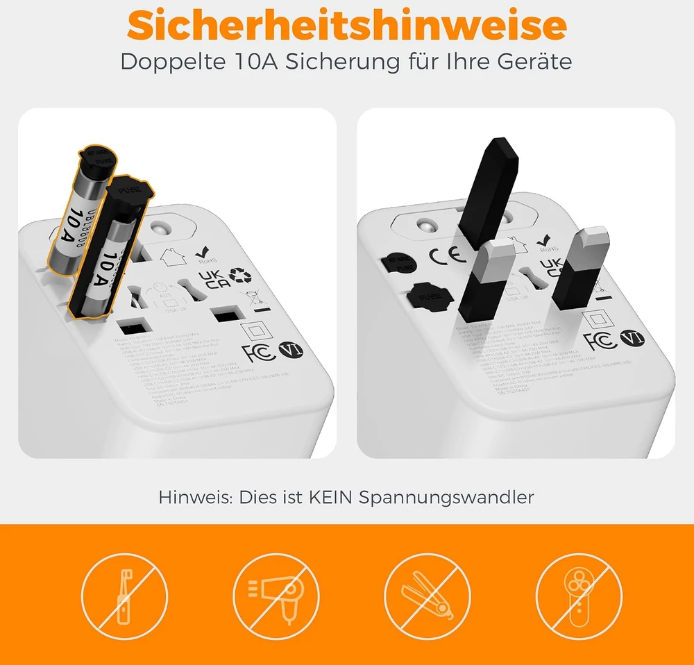 TESSAN universalus kelioninis kištukų adapteris su 2 USB-A ir 2 USB-C jungtimis, 2500 W TS-WTA10