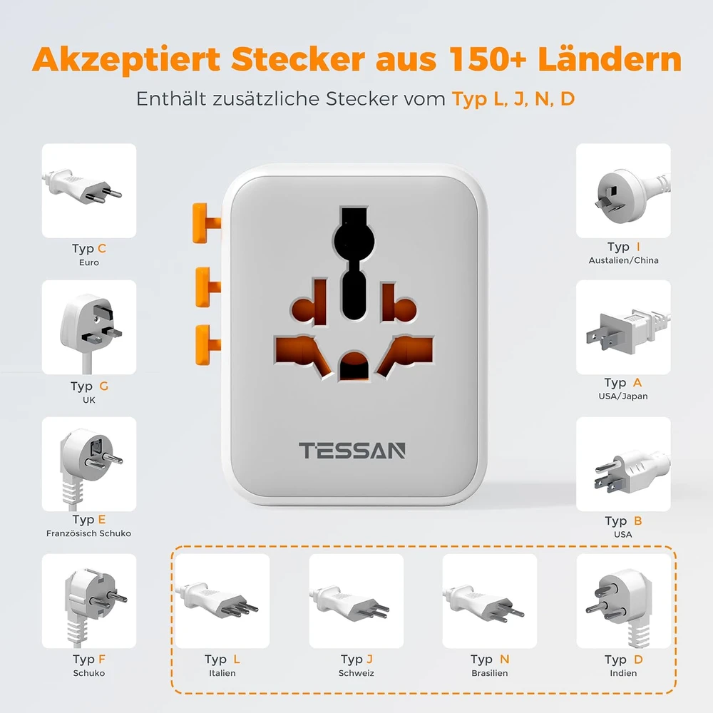 TESSAN universalus kelioninis kištukų adapteris su 2 USB-A ir 2 USB-C jungtimis, 2500 W TS-WTA10