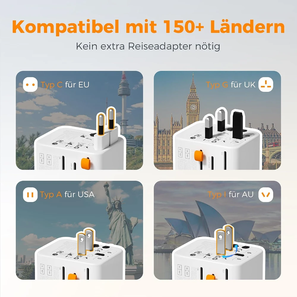 TESSAN universalus kelioninis kištukų adapteris su 2 USB-A ir 2 USB-C jungtimis, 2500 W TS-WTA10