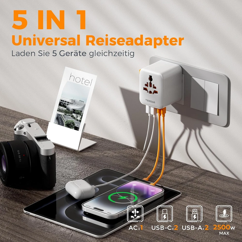 TESSAN universalus kelioninis kištukų adapteris su 2 USB-A ir 2 USB-C jungtimis, 2500 W TS-WTA10