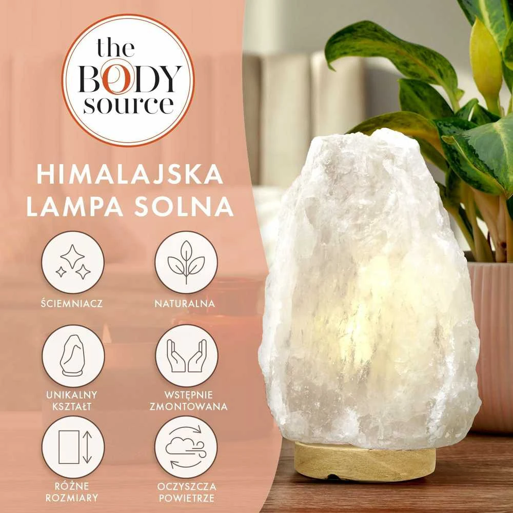 The Body Source Himalajų druskos lempa su reguliuojamu apšvietimu, 2–3kg, balta