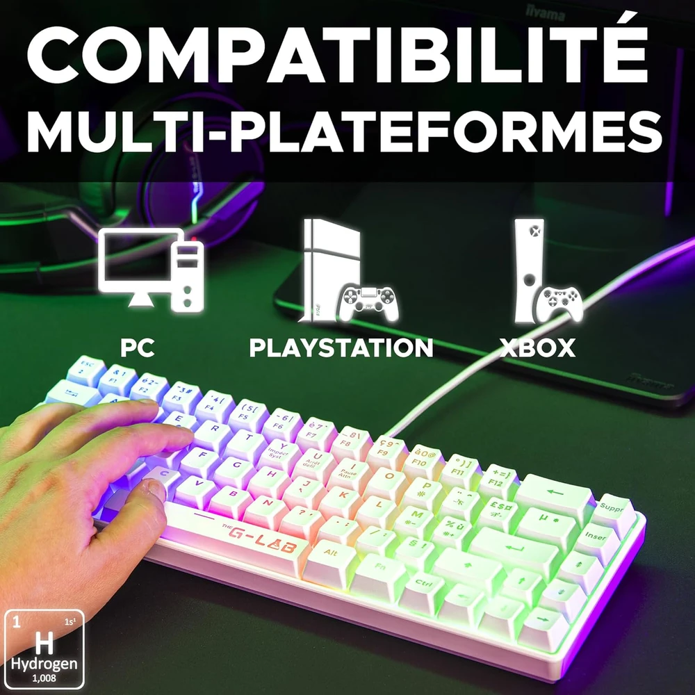 THE G-LAB pusiau mechaninė 60 % žaidimų klaviatūra, USB, AZERTY, KEYZ-HYDROGEN-W/FR