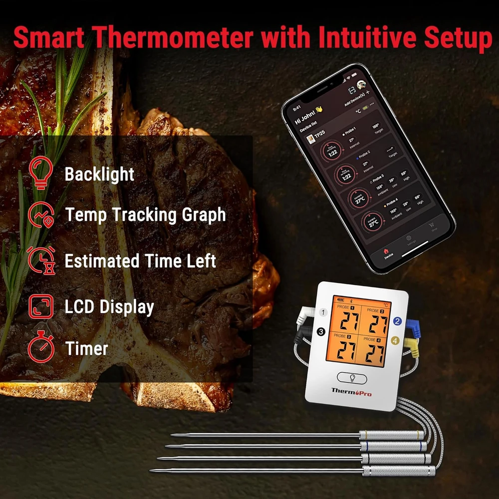 ThermoPro Bluetooth mėsos termometras su 4 zondais, 150 m veikimo nuotolis, TP-25