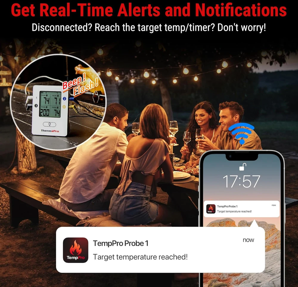 ThermoPro Bluetooth mėsos termometras su 4 zondais, 150 m veikimo nuotolis, TP-25