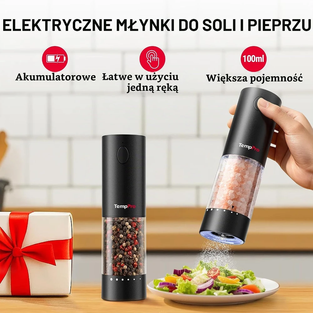 ThermoPro elektrinių druskos ir pipirų malūnėlių rinkinys, įkraunamas, 110 ml, APG709-2