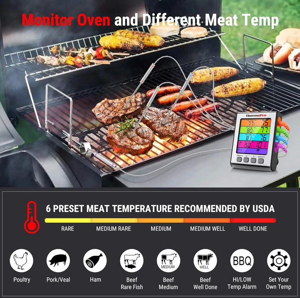ThermoPro skaitmeninis mėsos termometras su 4 nerūdijančio plieno zondais TP17H