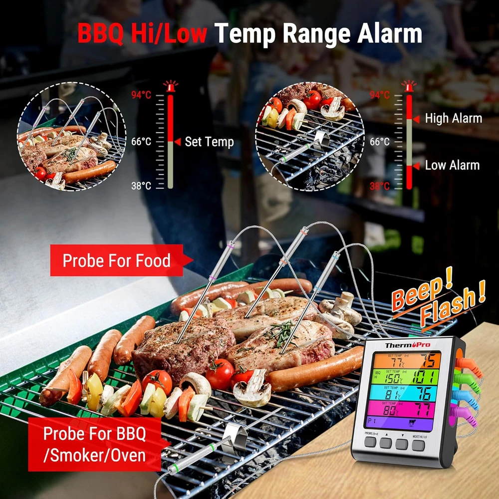 ThermoPro skaitmeninis mėsos termometras su 4 nerūdijančio plieno zondais TP17H