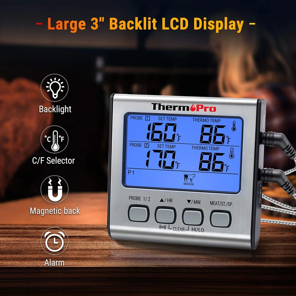 ThermoPro skaitmeninis mėsos termometras su dviem zondais, LCD ekranu, signalizacija, TP17