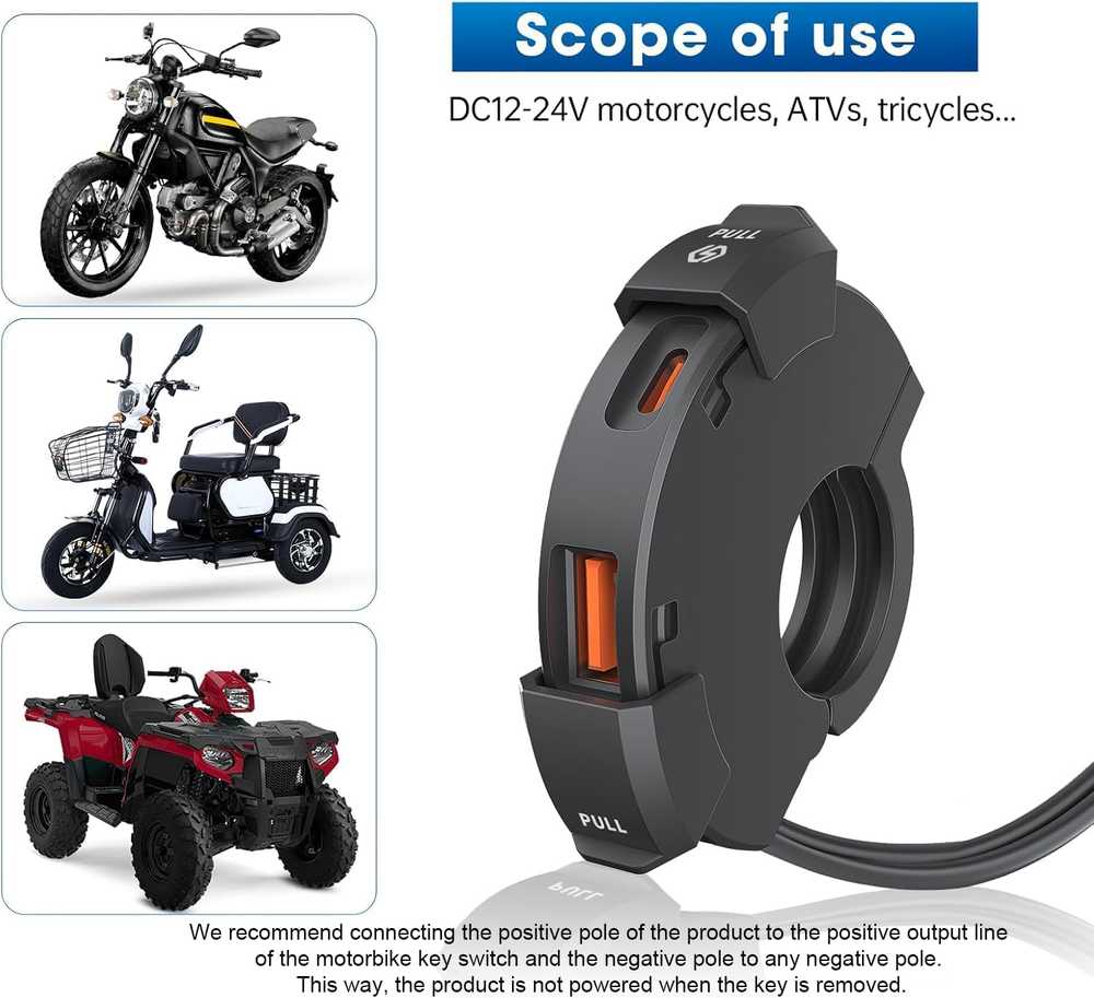 Thlevel USB motociklo įkroviklis, PD tipo C ir USB jungtys, 12–24V