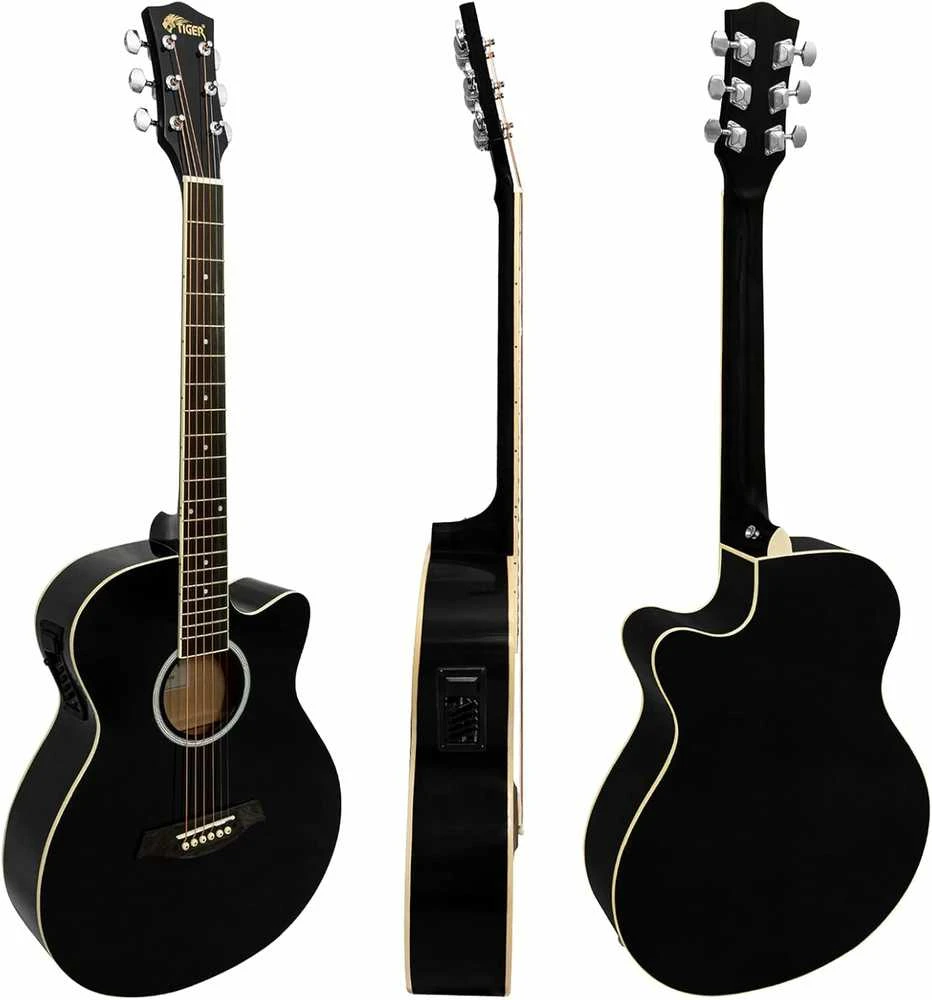TIGER Pilno dydžio elektroakustinės gitaros pradedančiųjų rinkinys, juodas
